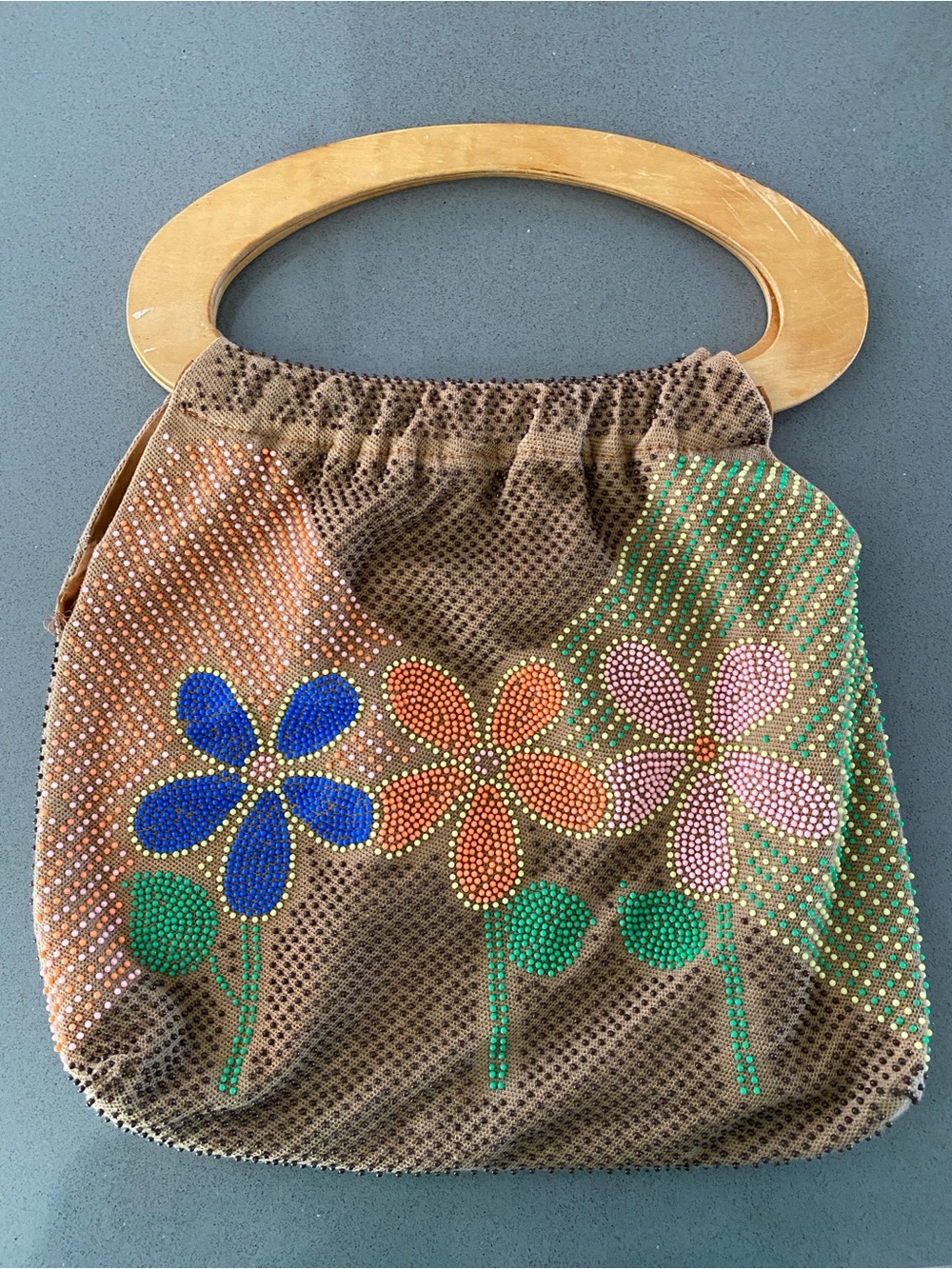 Vintage Floral Beaded Brown Handbag clutch with Wooden Handles